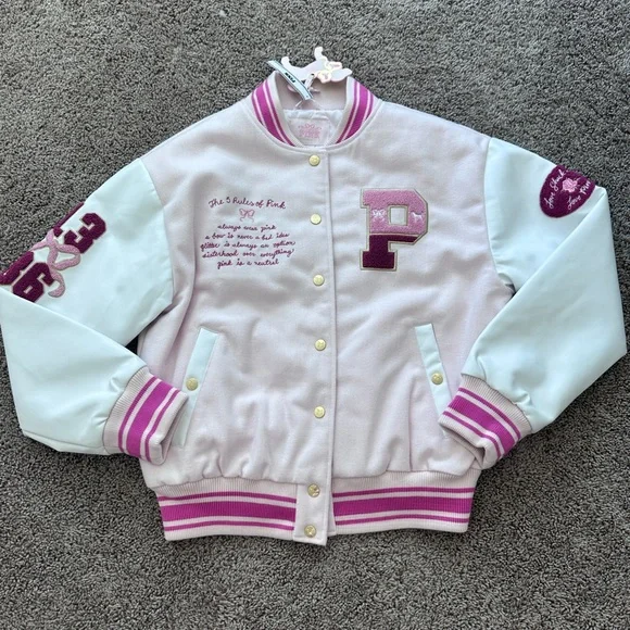 LoveShackFancy Pink and White Varsity Jacket with Embroidered P Patch - Picture 2 of 7